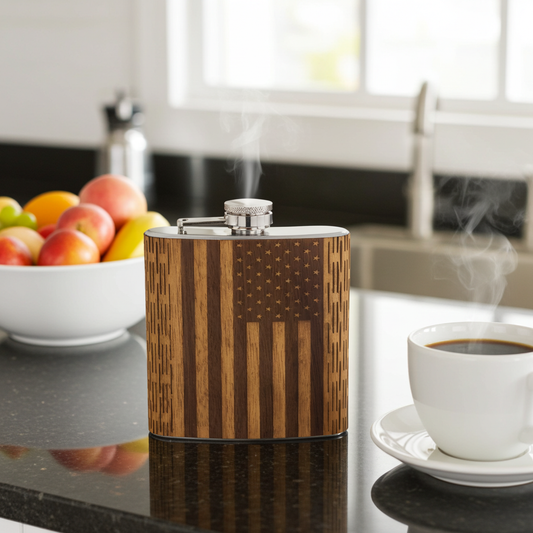 Wooden flask with American flag design on a kitchen counter with a cup of coffee and fruit bowl.