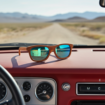 Wooden sunglasses with blue reflective lenses on a car dashboard with a desert road in the background