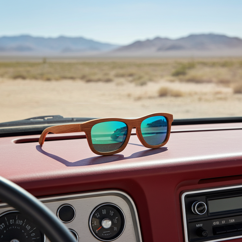 Wooden sunglasses with green lenses on a car dashboard with a desert landscape in the background
