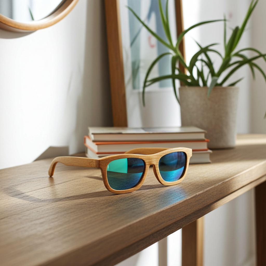 Wooden sunglasses with blue-tinted lenses on a wooden surface with books and a plant in the background.