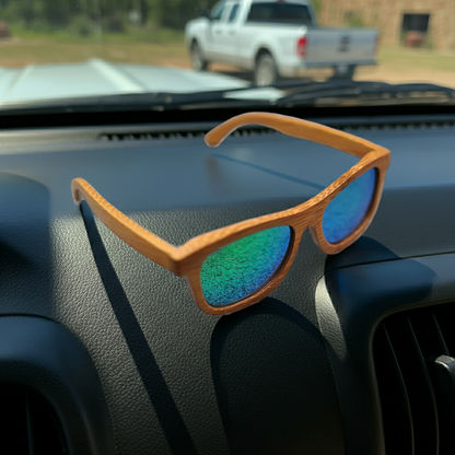 Wooden-framed sunglasses with blue lenses on a car dashboard, with a blurred background of a truck and grass.