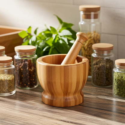 Wooden mortar and pestle with jars of spices on a wooden surface