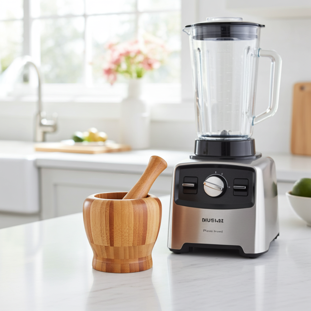 Blender on a kitchen counter with a wooden mortar and pestle.