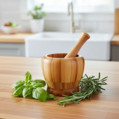 Wooden mortar and pestle with herbs on a kitchen counter