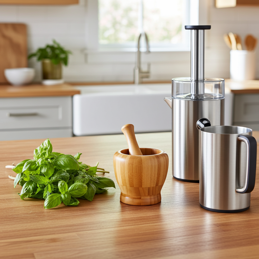 Kitchen counter with herbs, wooden mortar and pestle, and kitchen appliances.