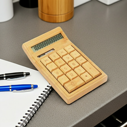 Wooden calculator on a desk with pens and a notebook