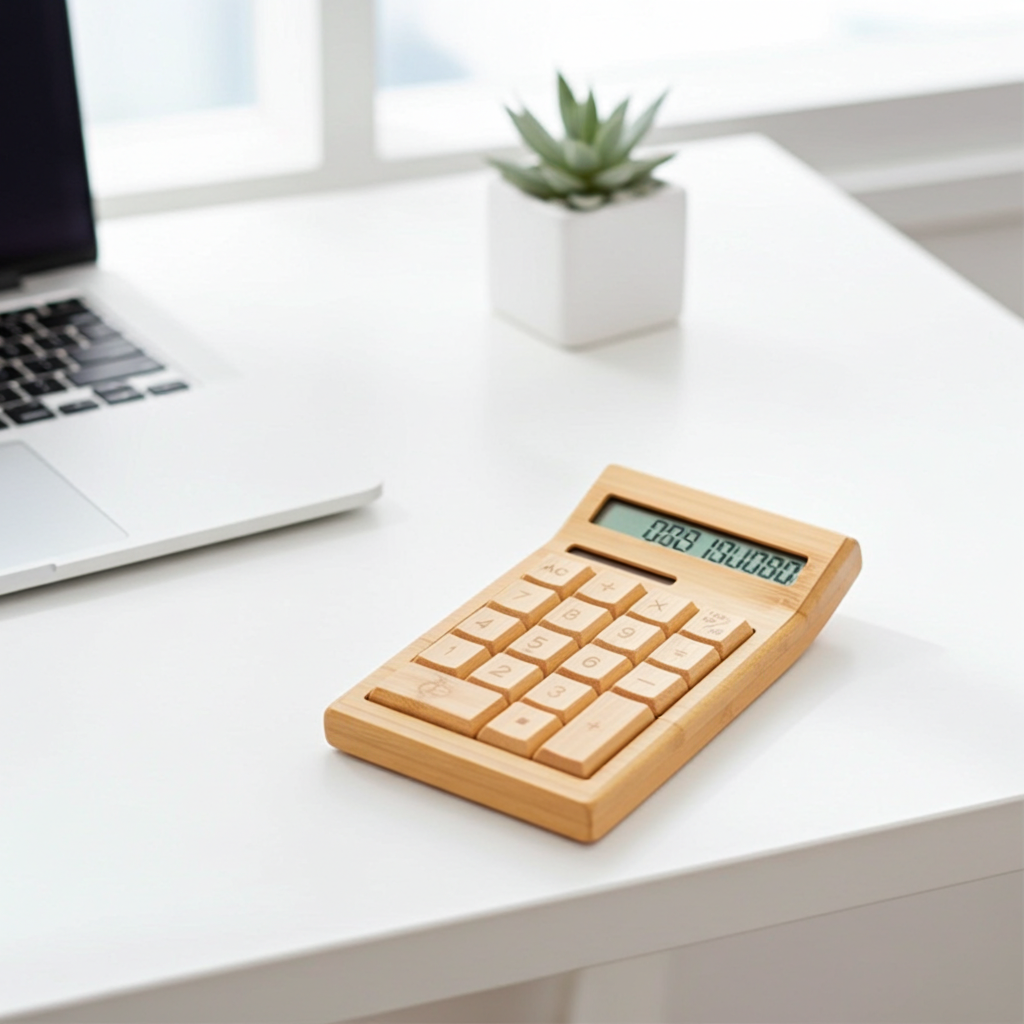 Wooden calculator on a white desk with a laptop and plant in the background