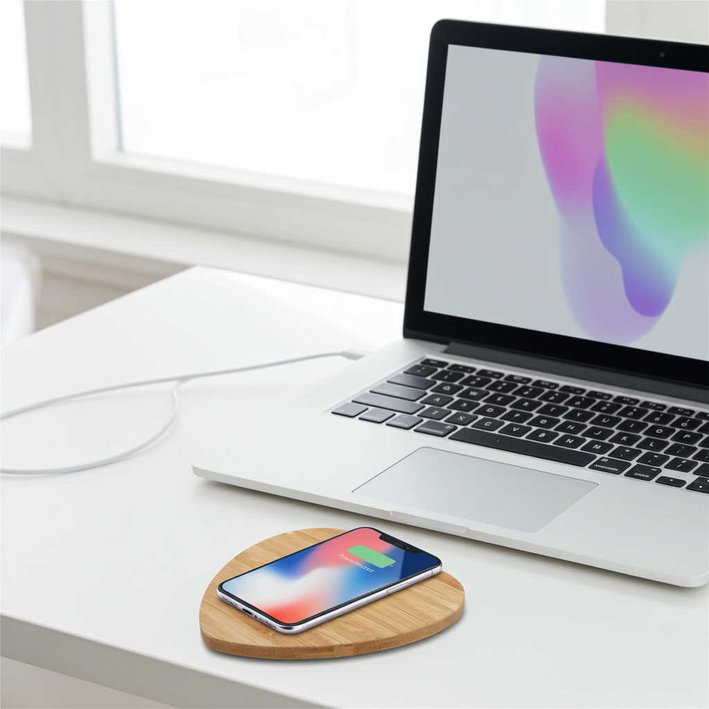 Laptop on a desk with a smartphone on a wooden stand