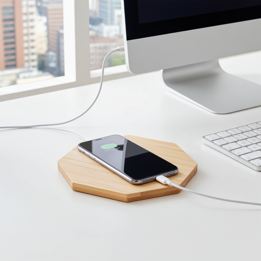 Wooden wireless charging pad with a smartphone on a desk next to a computer monitor and keyboard.