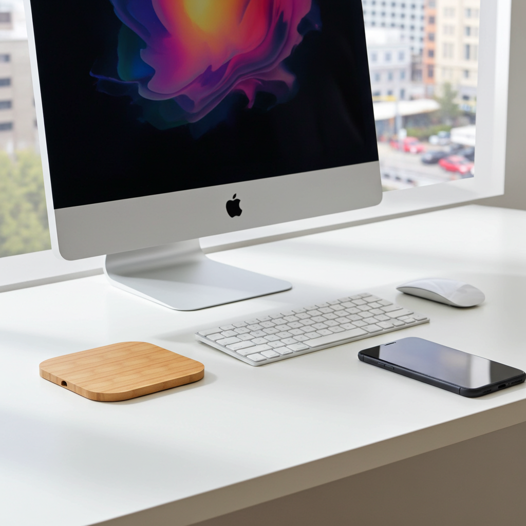 Modern office desk setup with computer monitor, keyboard, mouse, and smartphone on a light surface.