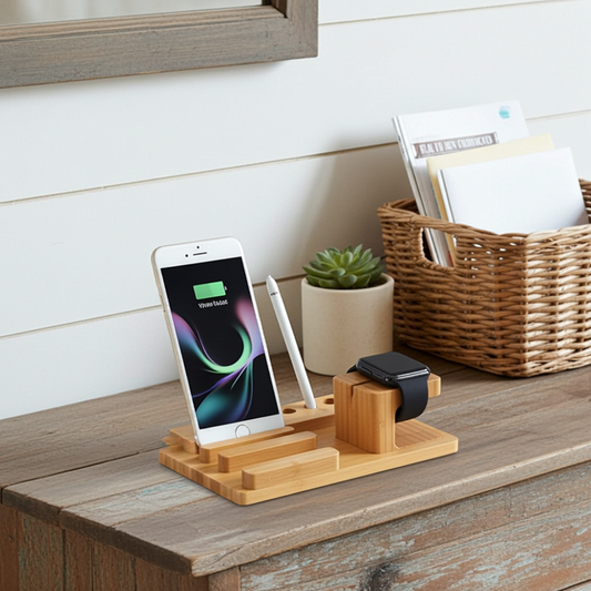 Wooden charging station with phone, tablet, and watch on a wooden surface.
