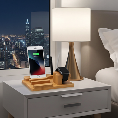 Nightstand with smartphone, smartwatch, and lamp in a bedroom setting with cityscape view.