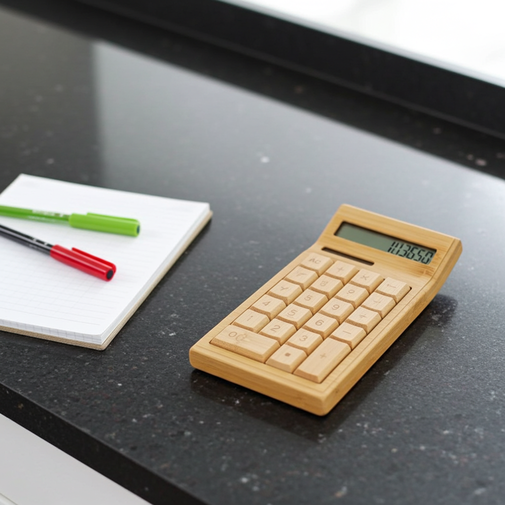 Wooden calculator on a black surface with a notepad and pens in the background