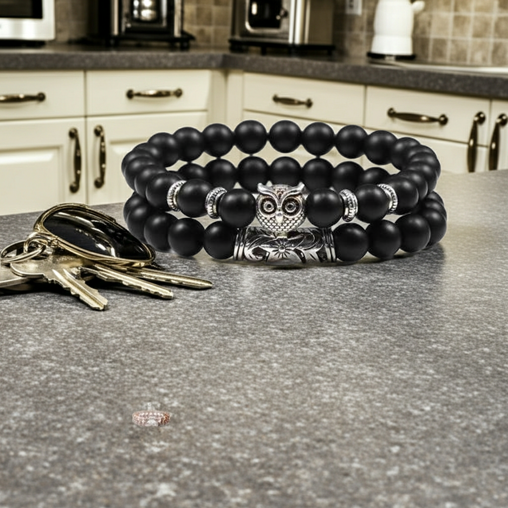 owl bracelet on kitchen counter

