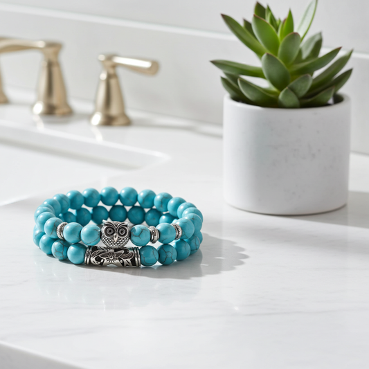 Turquoise beaded bracelet with an owl charm on a white surface next to a potted plant.