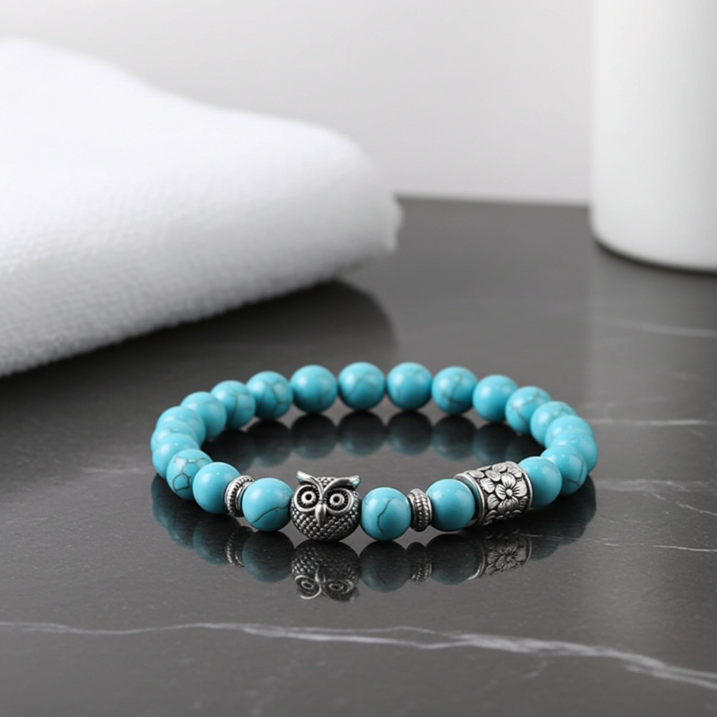Turquoise beaded bracelet with an owl charm on a dark surface