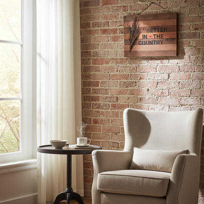 Beige armchair in front of a brick wall with a wooden sign and a small table with a cup.