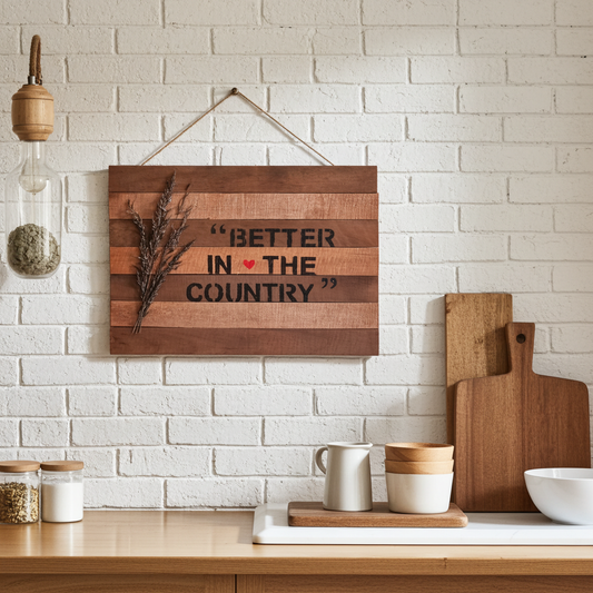 Wooden sign with 'Better in the Country' text hanging on a white brick wall above a kitchen counter.
