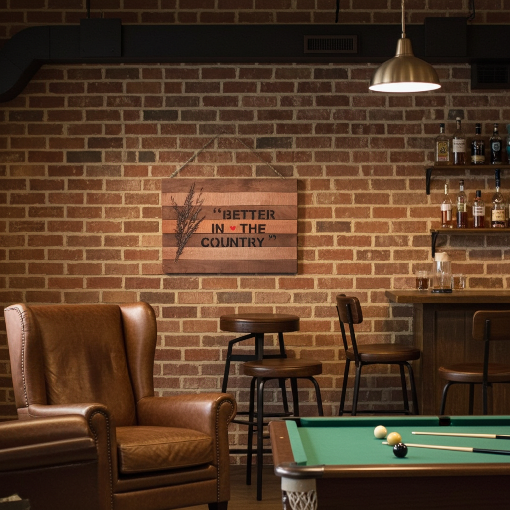 Bar area with pool table, leather chairs, and brick wall with decorative sign.