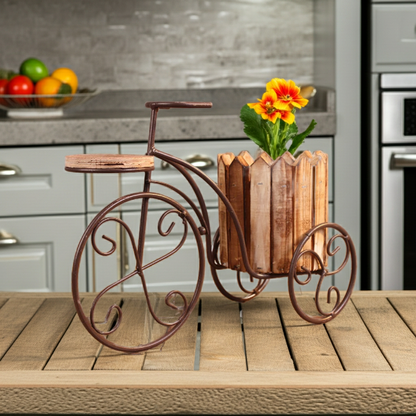 Decorative bicycle planter with a wooden box and flowers on a kitchen counter.