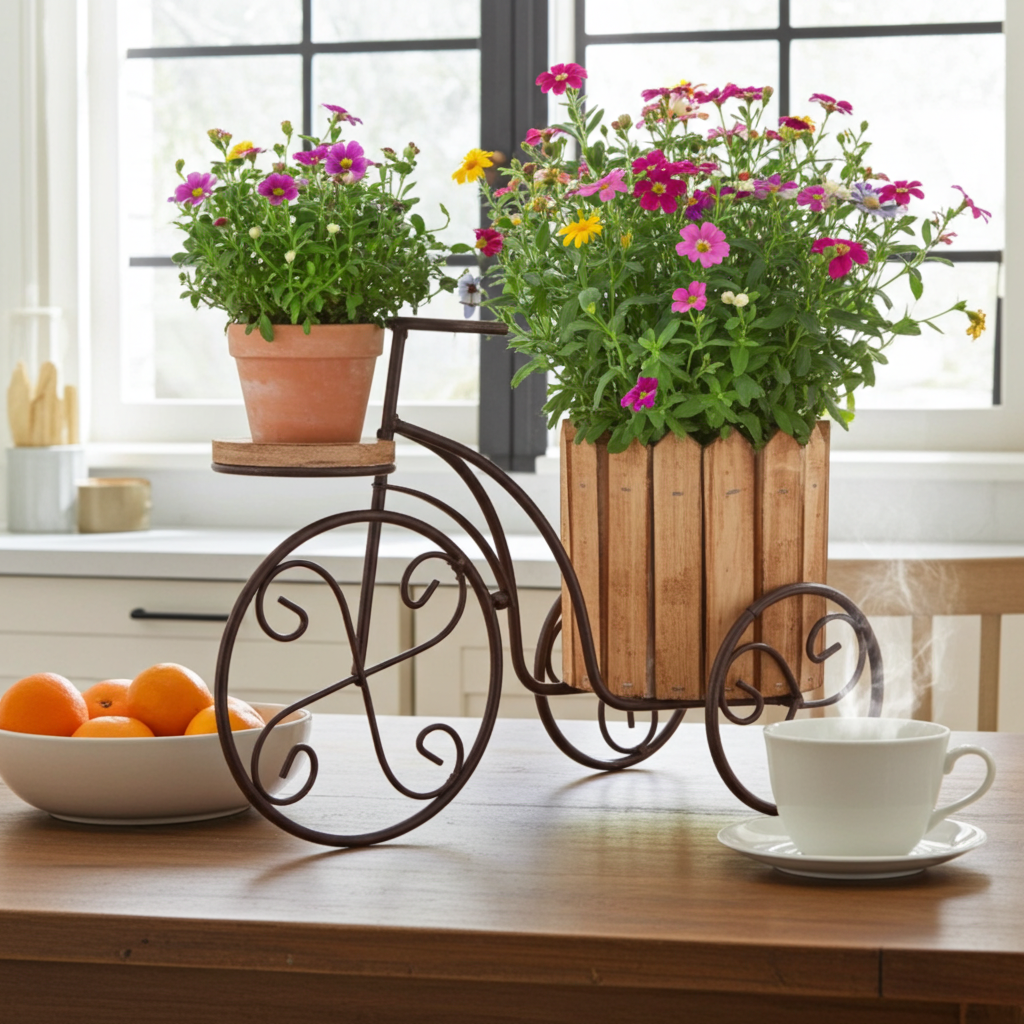 Decorative bicycle planter with flowers on a table next to a bowl of oranges and a cup.