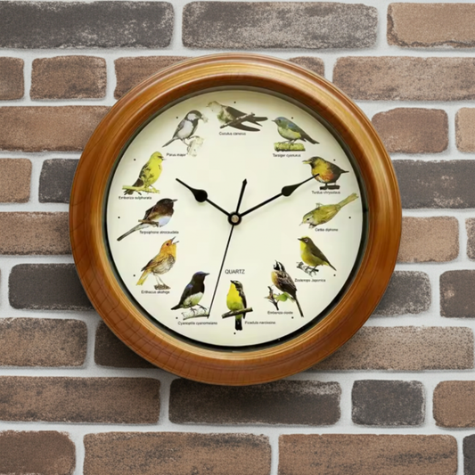 wood framed clock with birds