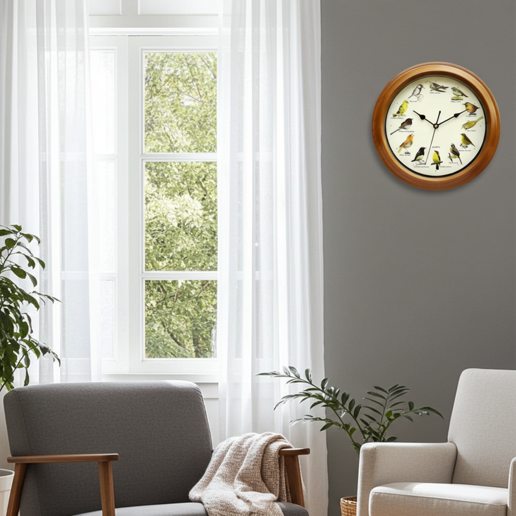 bird clock hanging near window in living room