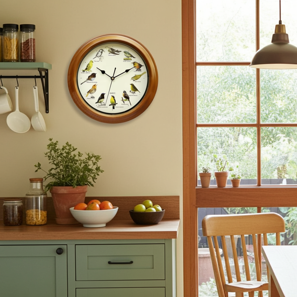 bird clock hanging on a wall in the kitchen