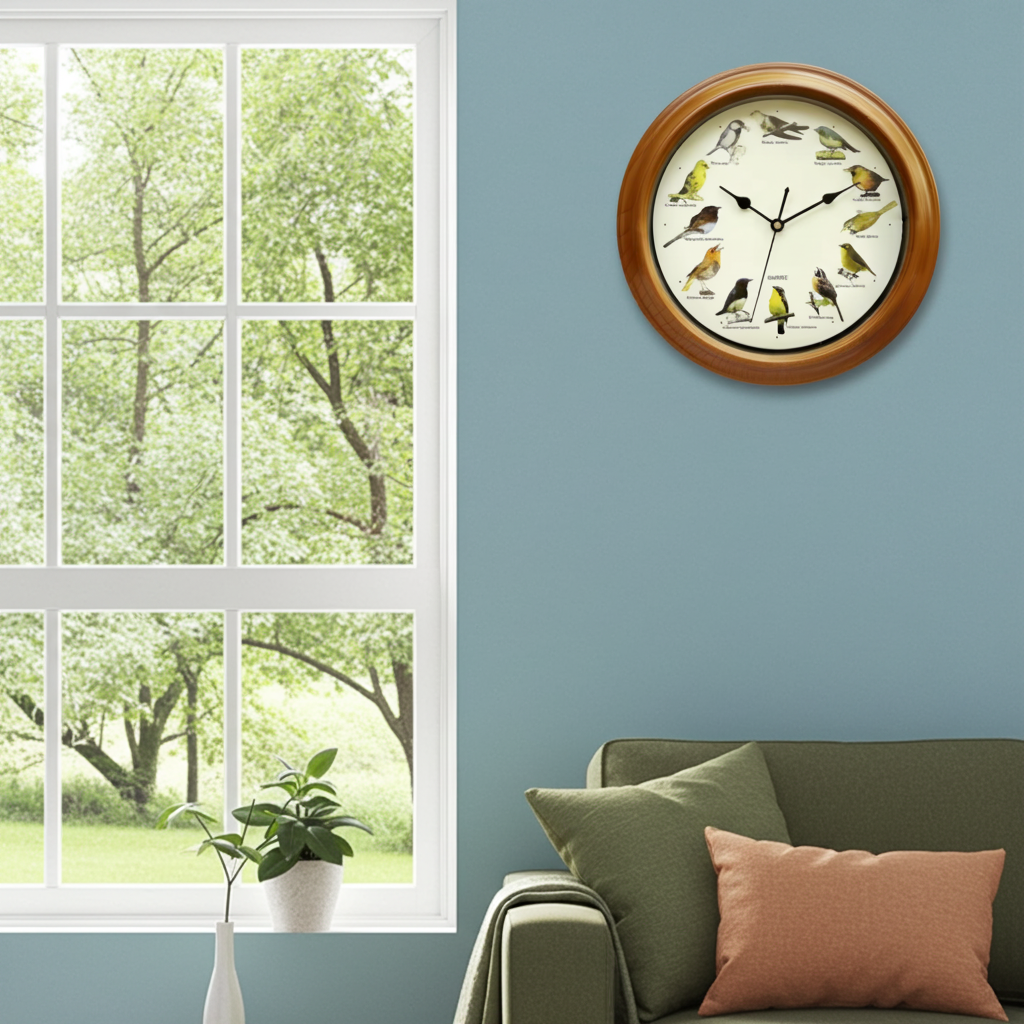 bird clock hanging on blue wall near a window
