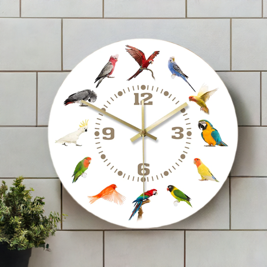 bird clock hanging on tiled wall