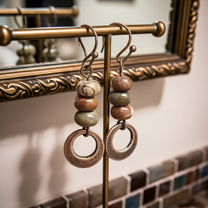 Pair of beaded earrings hanging on a stand with a decorative mirror in the background.