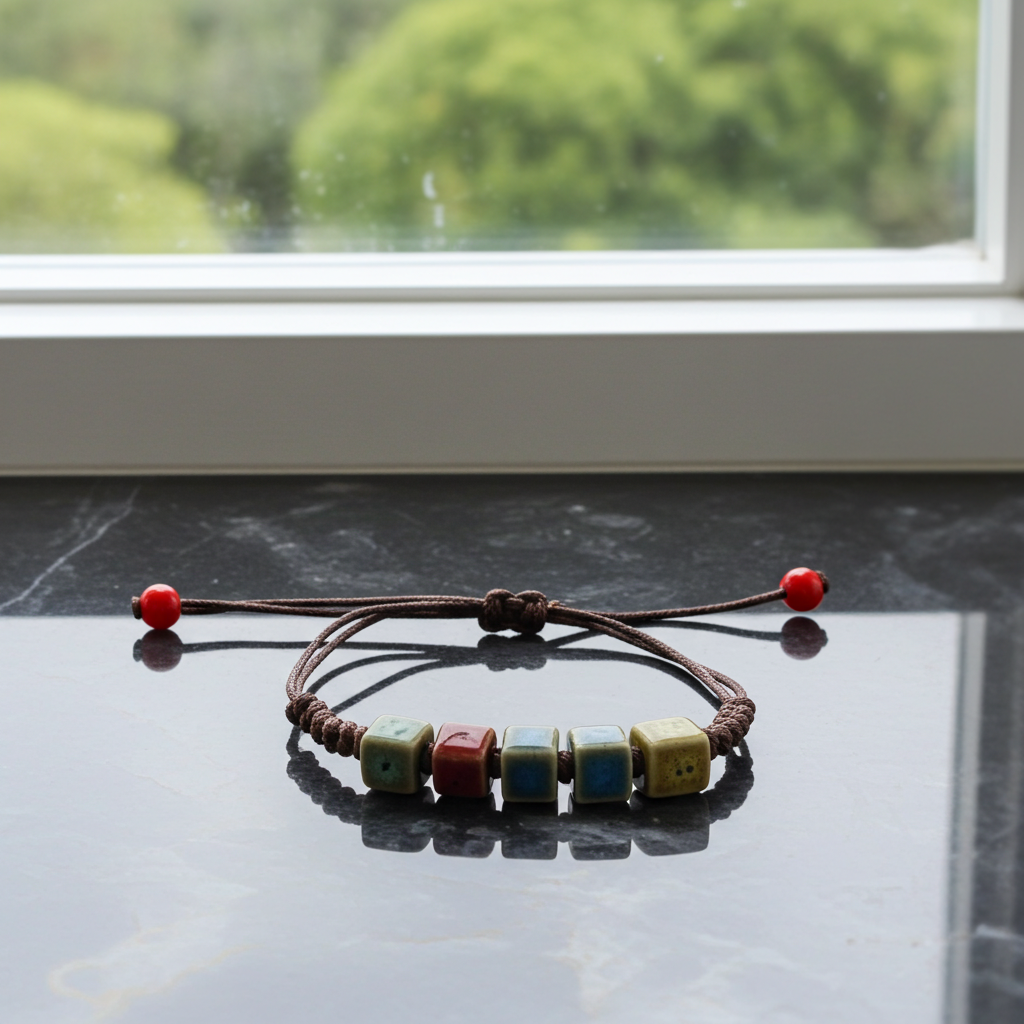 Bracelet with colorful beads on a reflective surface with a blurred green outdoor background