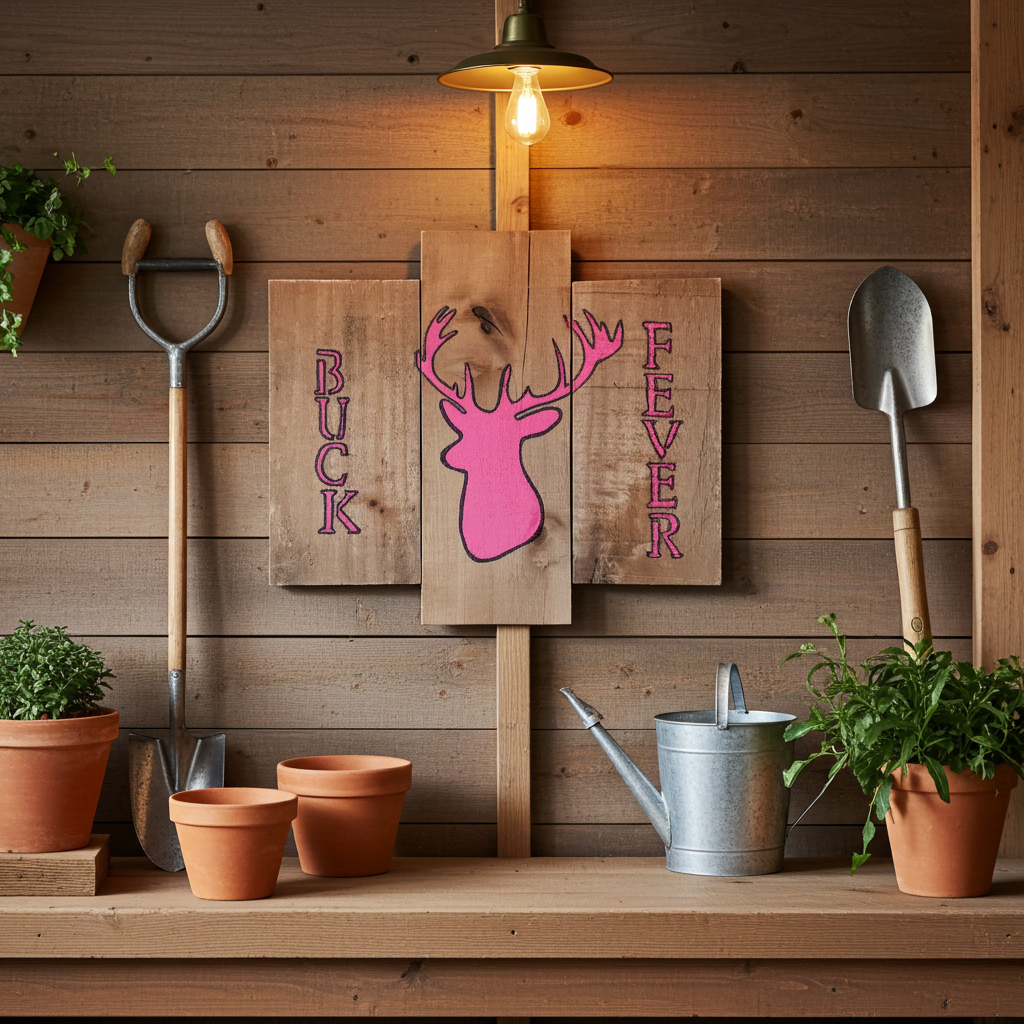 Wooden wall with gardening tools, plants, and decorative signs on a wooden shelf.