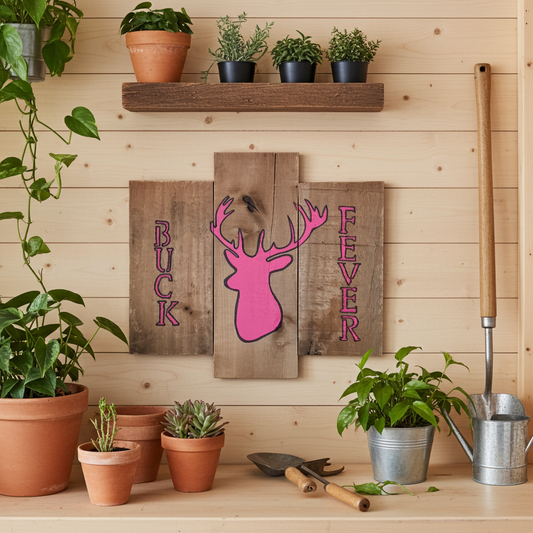 Wooden wall art with pink deer design and 'Buck Fever' text, surrounded by potted plants and gardening tools.