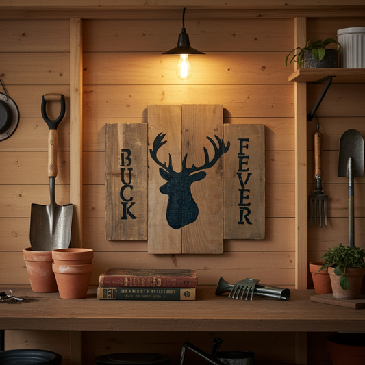Wooden wall with rustic decor including a deer head sign, tools, and plants.