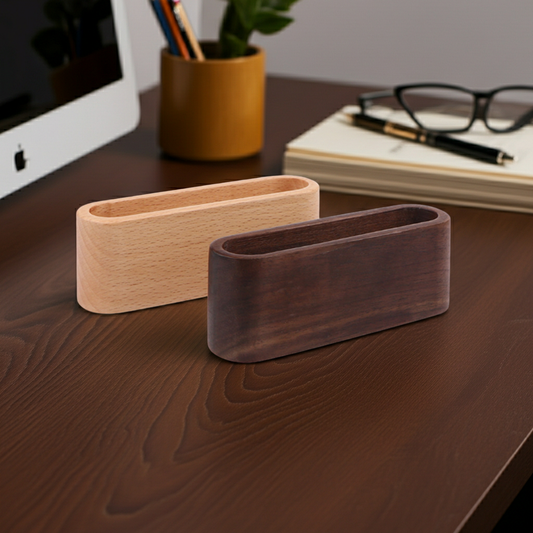 Two wooden card holders on a desk with office items in the background.