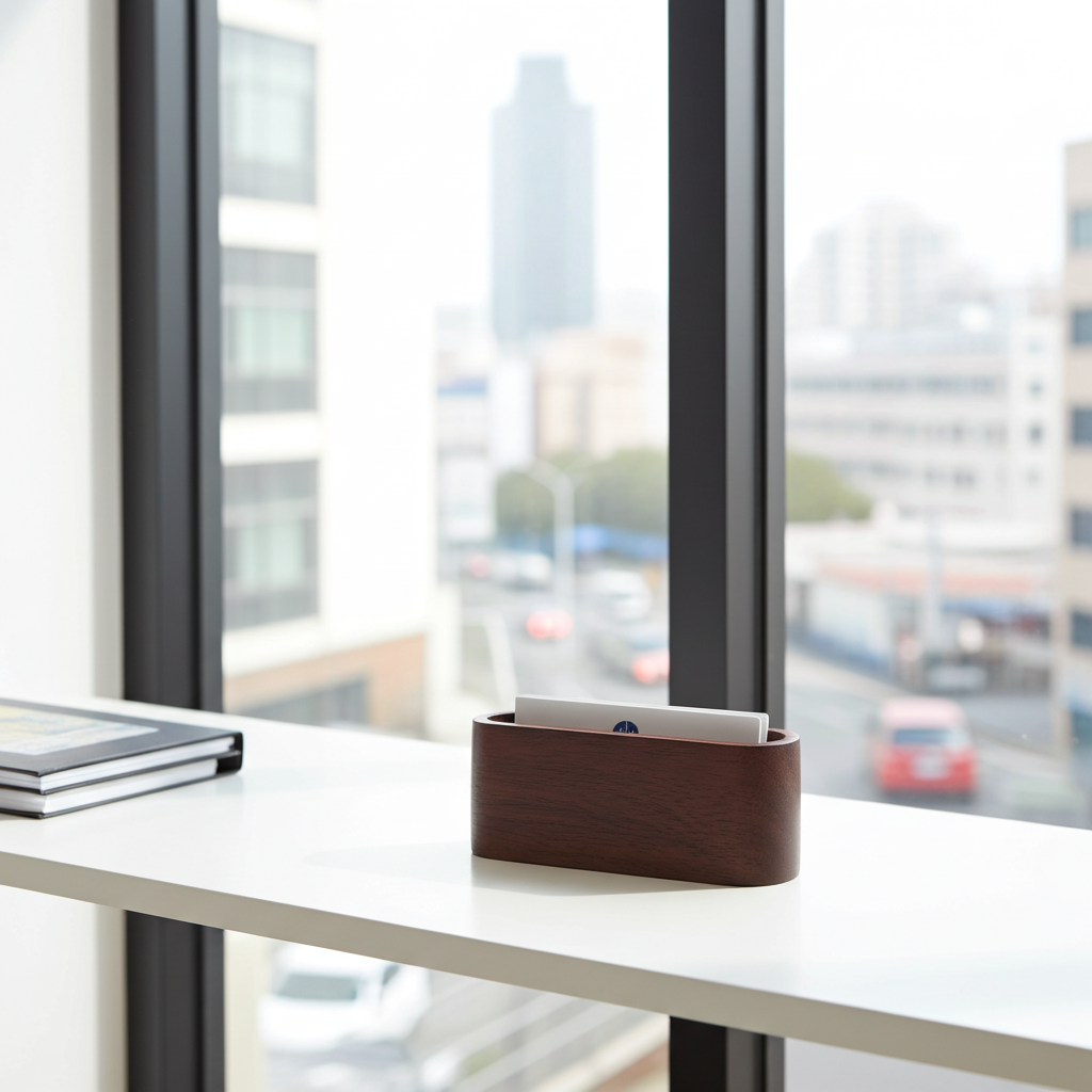Wooden desk organizer on a desk with a cityscape view through large windows.
