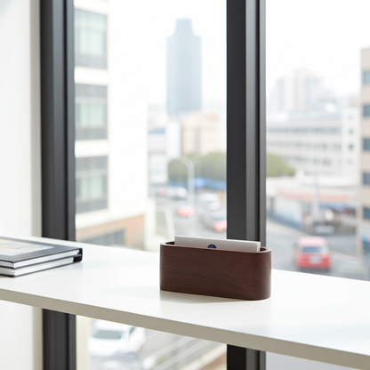 Wooden desk organizer on a desk with a cityscape view through large windows.