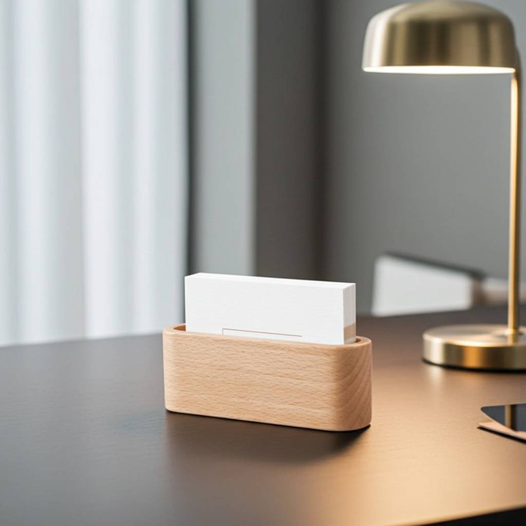Wooden desk organizer with white box on a desk next to a lamp