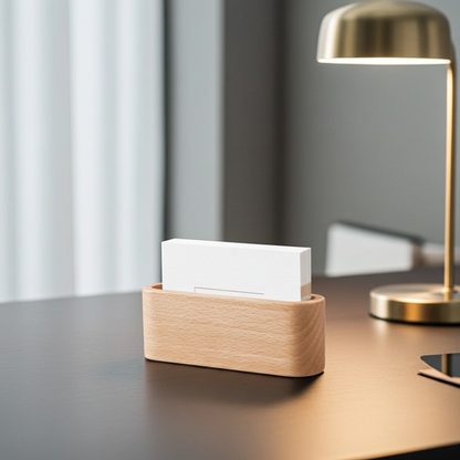 Wooden desk organizer with white box on a desk next to a lamp