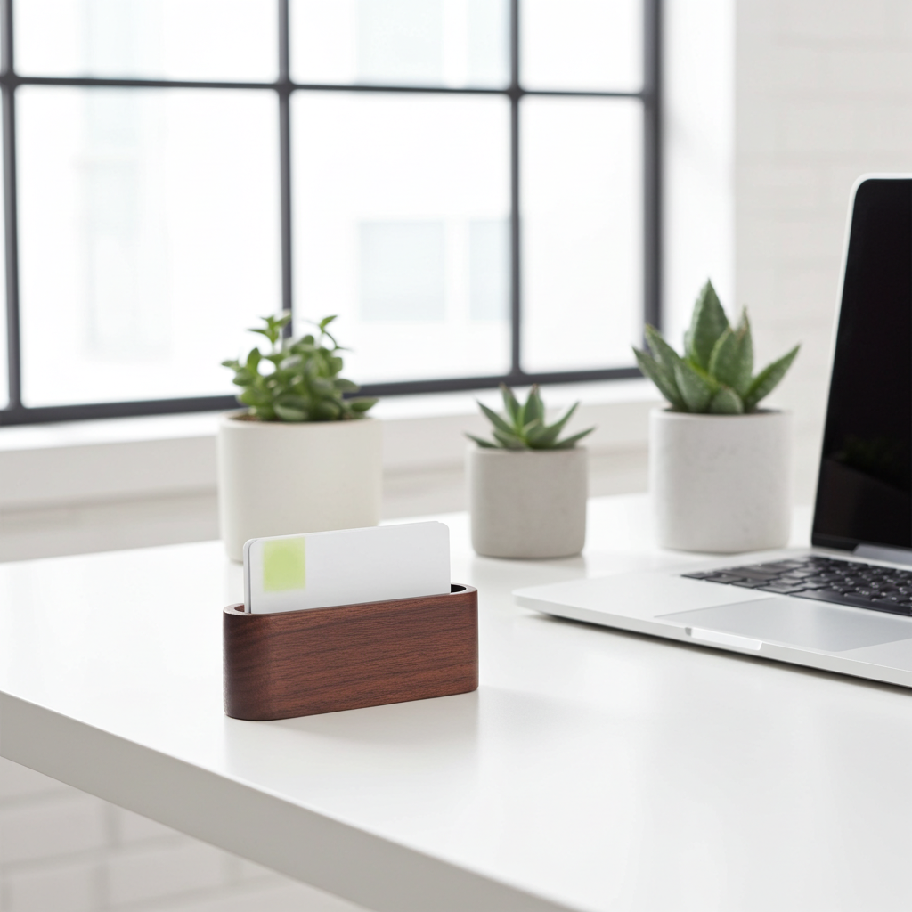 Wooden card holder with business cards on a desk with a laptop and plants in the background.
