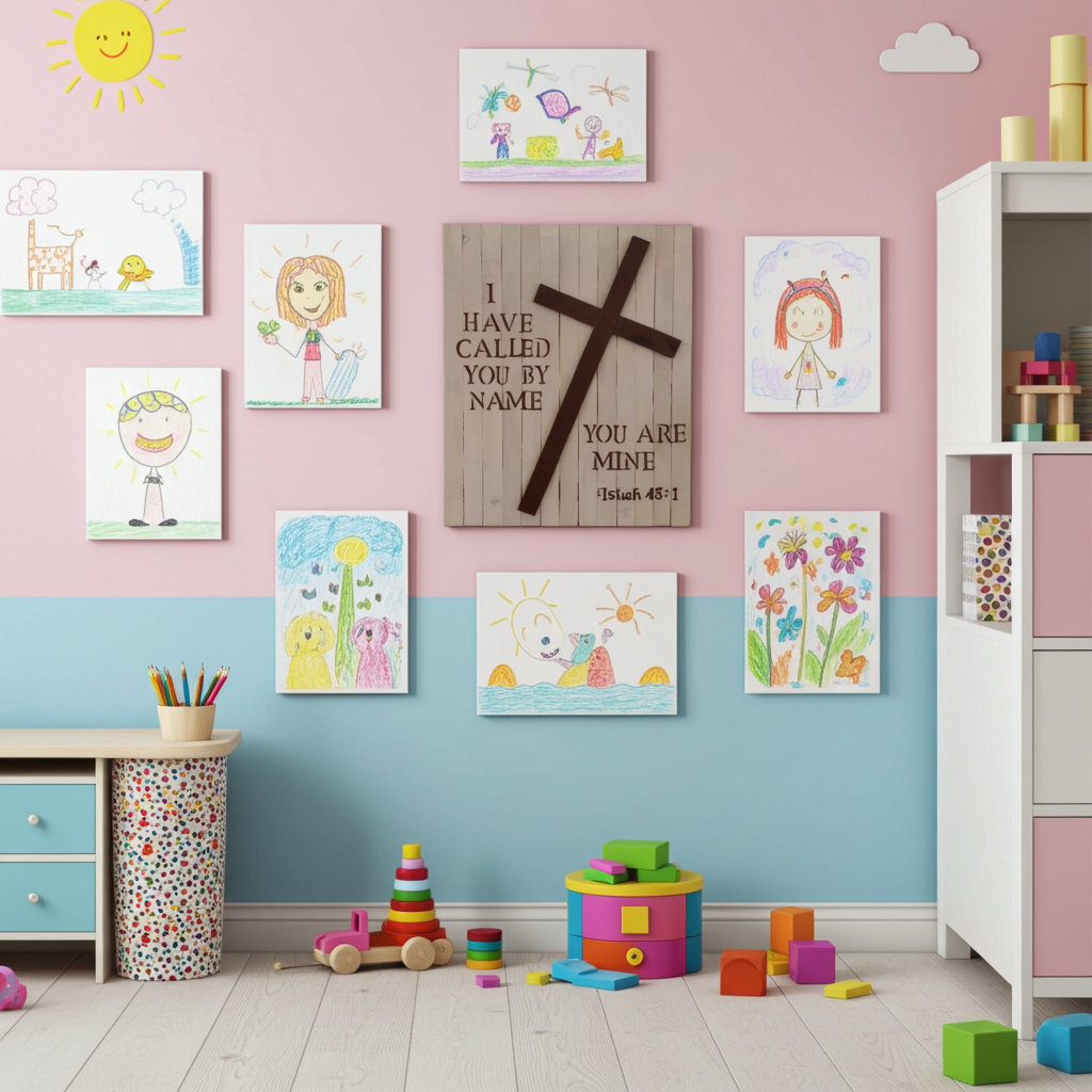 Children's room with colorful wall art, toys, and furniture.