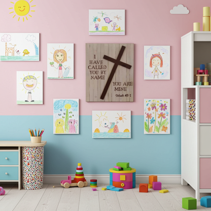Children's room with colorful wall art, toys, and furniture.
