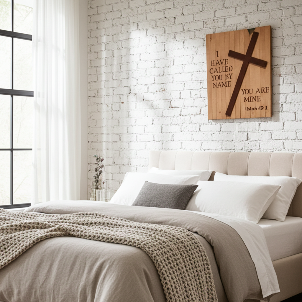 Bedroom with a wooden cross plaque on a white brick wall