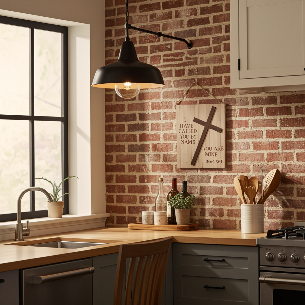 Modern kitchen with brick wall, wooden countertops, and pendant light.