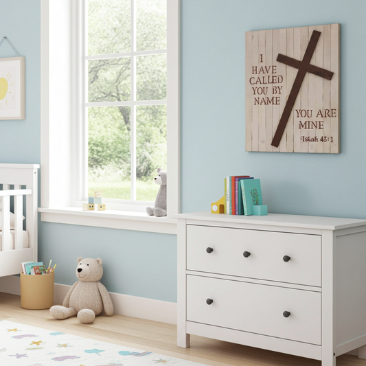 Children's room with a dresser, teddy bear, and cross-themed wall art.