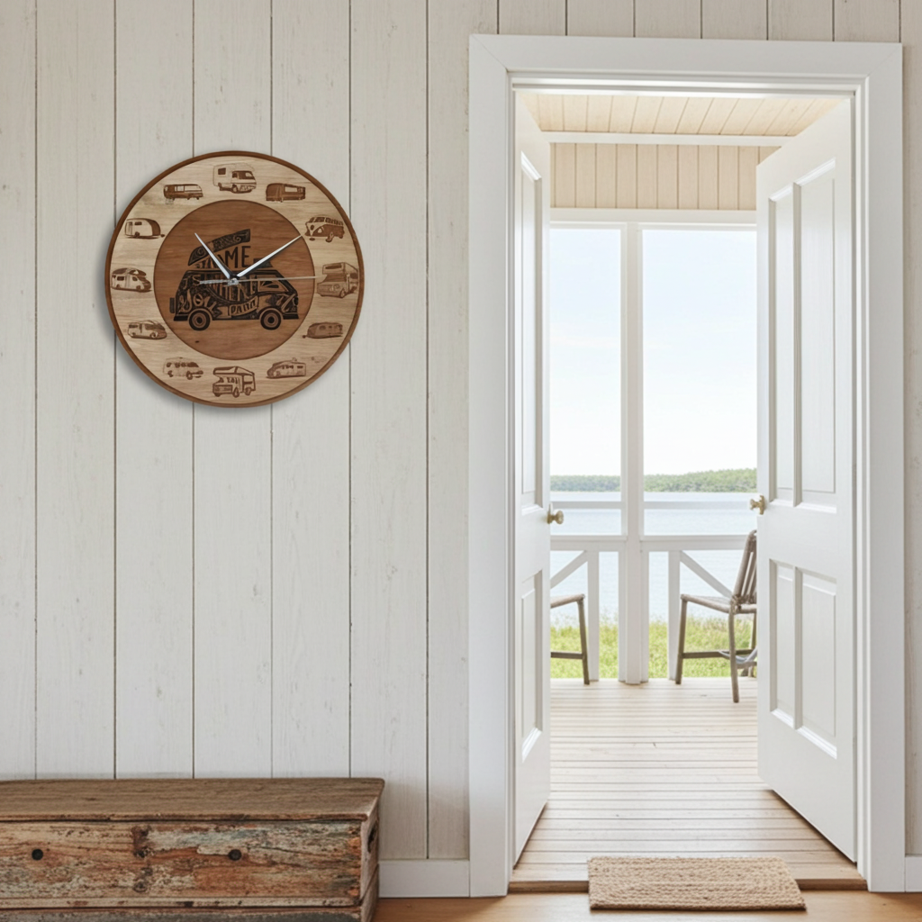 Wooden clock with car design on a wall next to an open door leading to a porch.