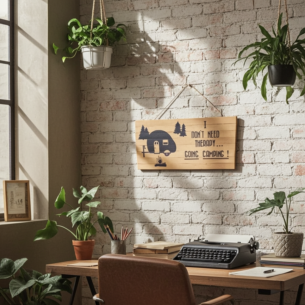 Wooden sign with text and camper illustration on a brick wall above a desk with plants and a typewriter.