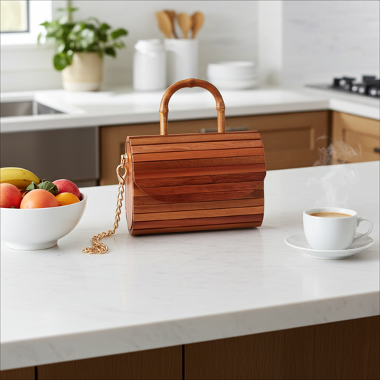 Wooden handbag on a kitchen counter with fruit and coffee.