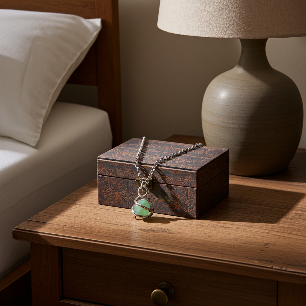 Necklace with a pendant on a wooden box on a nightstand next to a lamp.